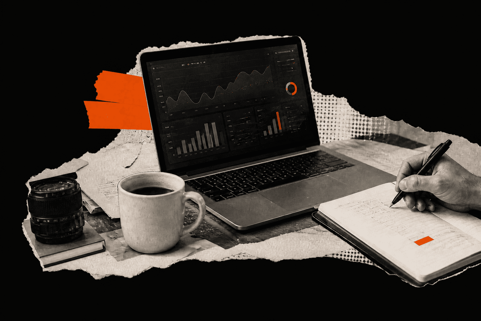 Workspace editorial com notebook, analytics, caderno e café