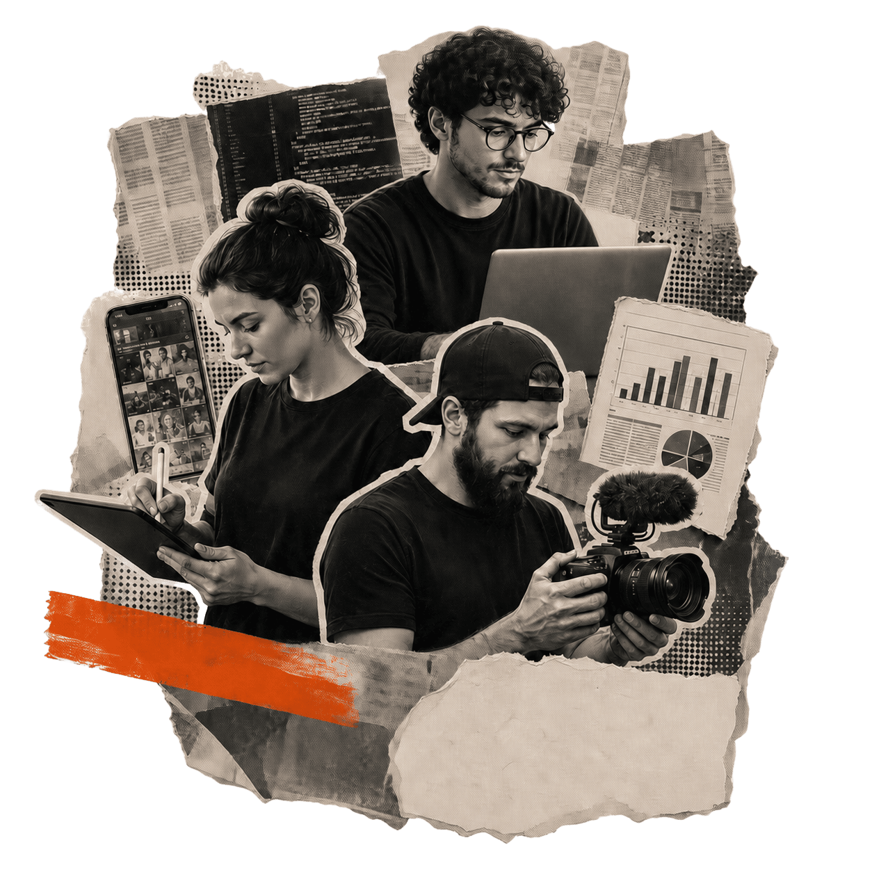 Colagem editorial com estrategista, designer e videomaker em atividade